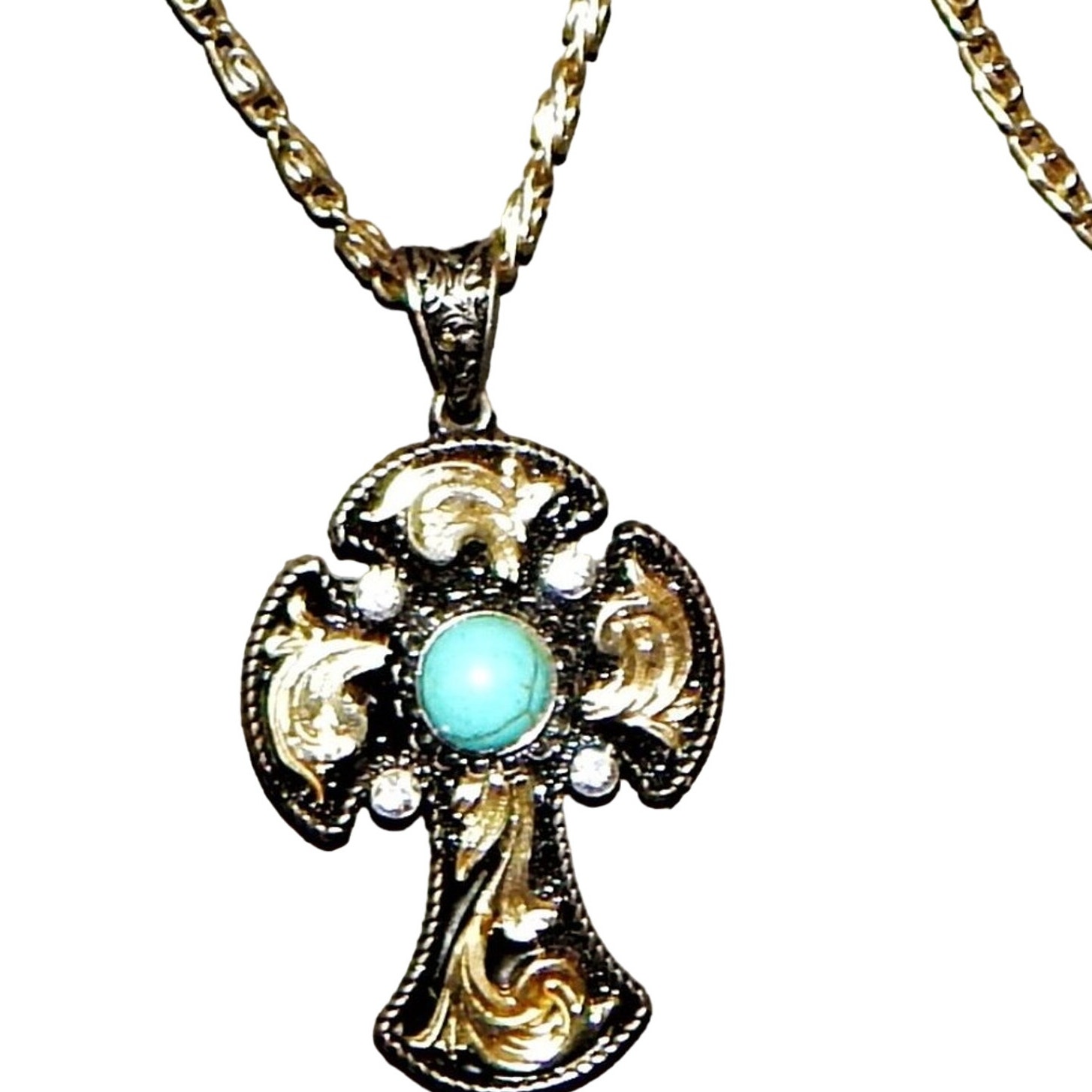 Dazzling Long Chain W/ Blk Gld Slvr Cross Necklace